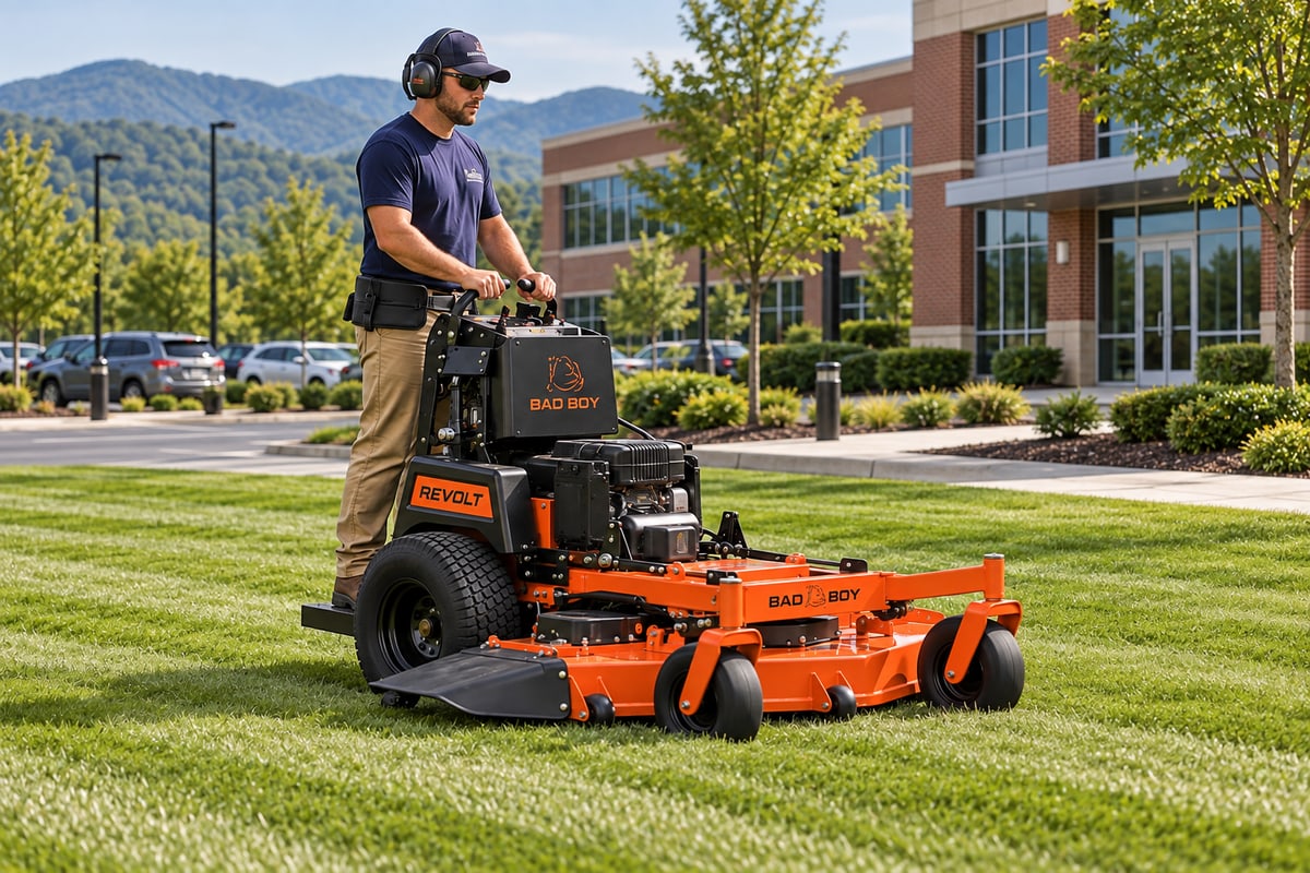 Landscaper using a Bad Boy stand-on mower on the grounds of a commercial office property